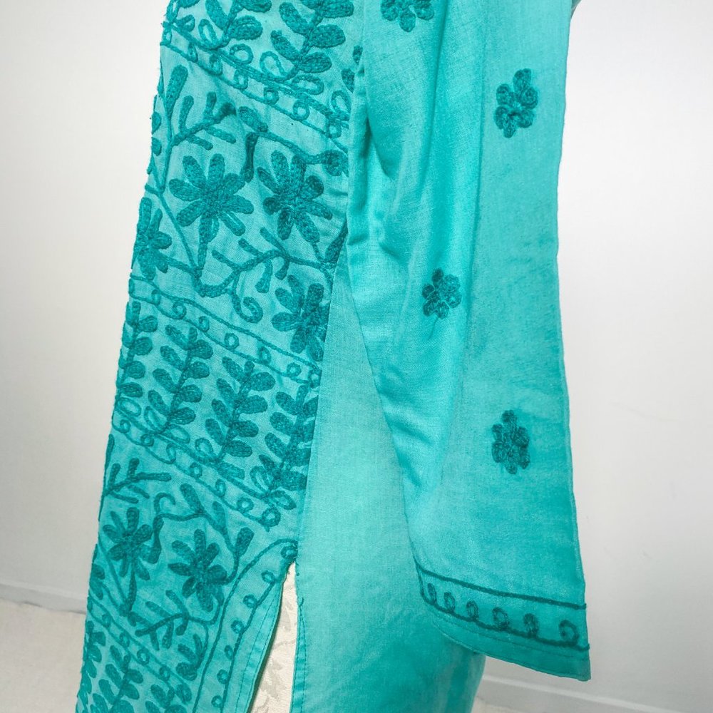 Vintage 70s S Boho Embroidered Tunic Dress Green - Picture 8 of 13